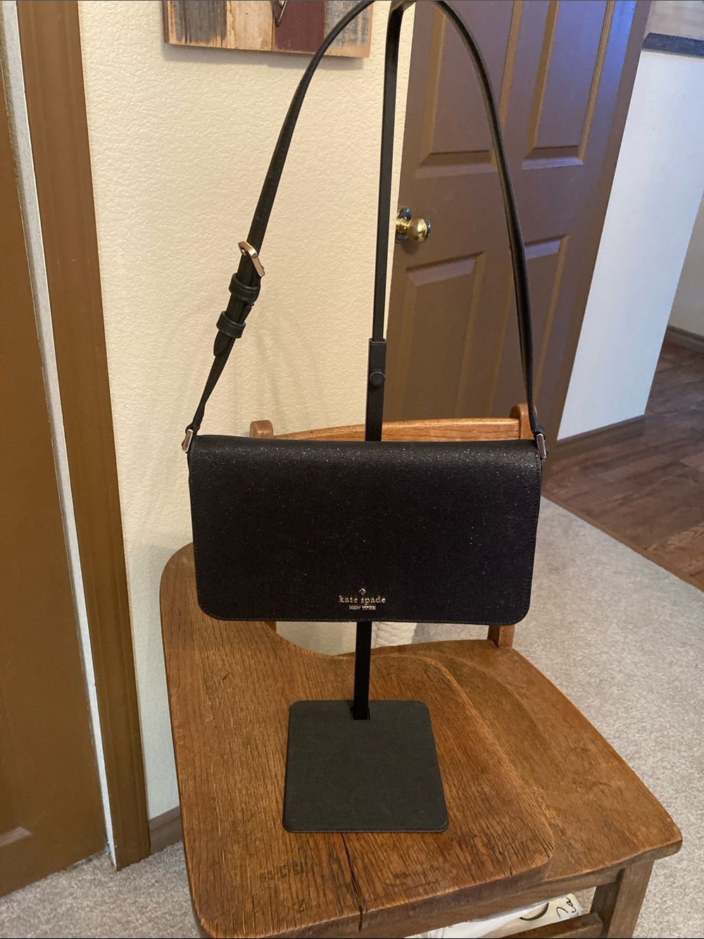 kate spade NEW YORK black glitter fabric tinsel flap shoulder Bag NWT